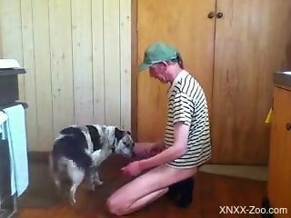 Skinny aged zoophile is having zoo sex with his dog
