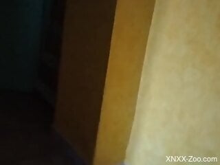 Naughty bitch in red stockings enjoys zoophilia