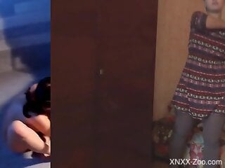 Teen plays with the dog in sexual fetishes along with her grandma